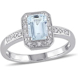 Tangelo 1 Carat Emerald-Cut Aquamarine and Diamond-Accent Sterling Silver Halo Ring