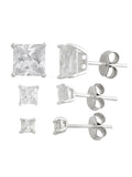 White CZ Square 3mm, 4mm and 7mm Sterling Silver Stud Earrings Set